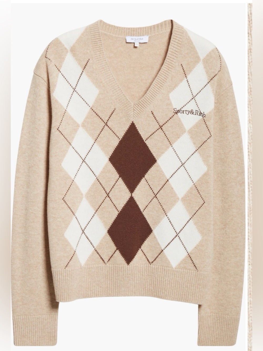 Sporty & Rich Argyle V Neck Cashmere and Wool Sweater